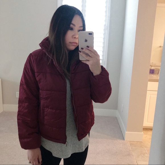 Burgundy Quilted Puffer Puffy Jacket - Picture 3 of 6